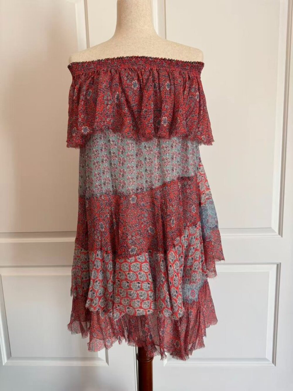 Rebecca Taylor Off-the-Shoulder Floral Ruffle Mini Dress in Red/Pink/Blue, Sz 6